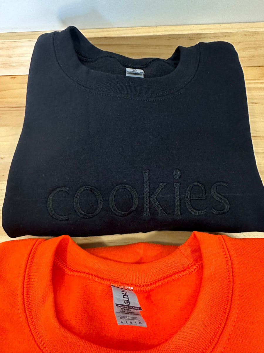 Embroidered "cookies" sweatshirt (orange or black) Bakery Tee Co