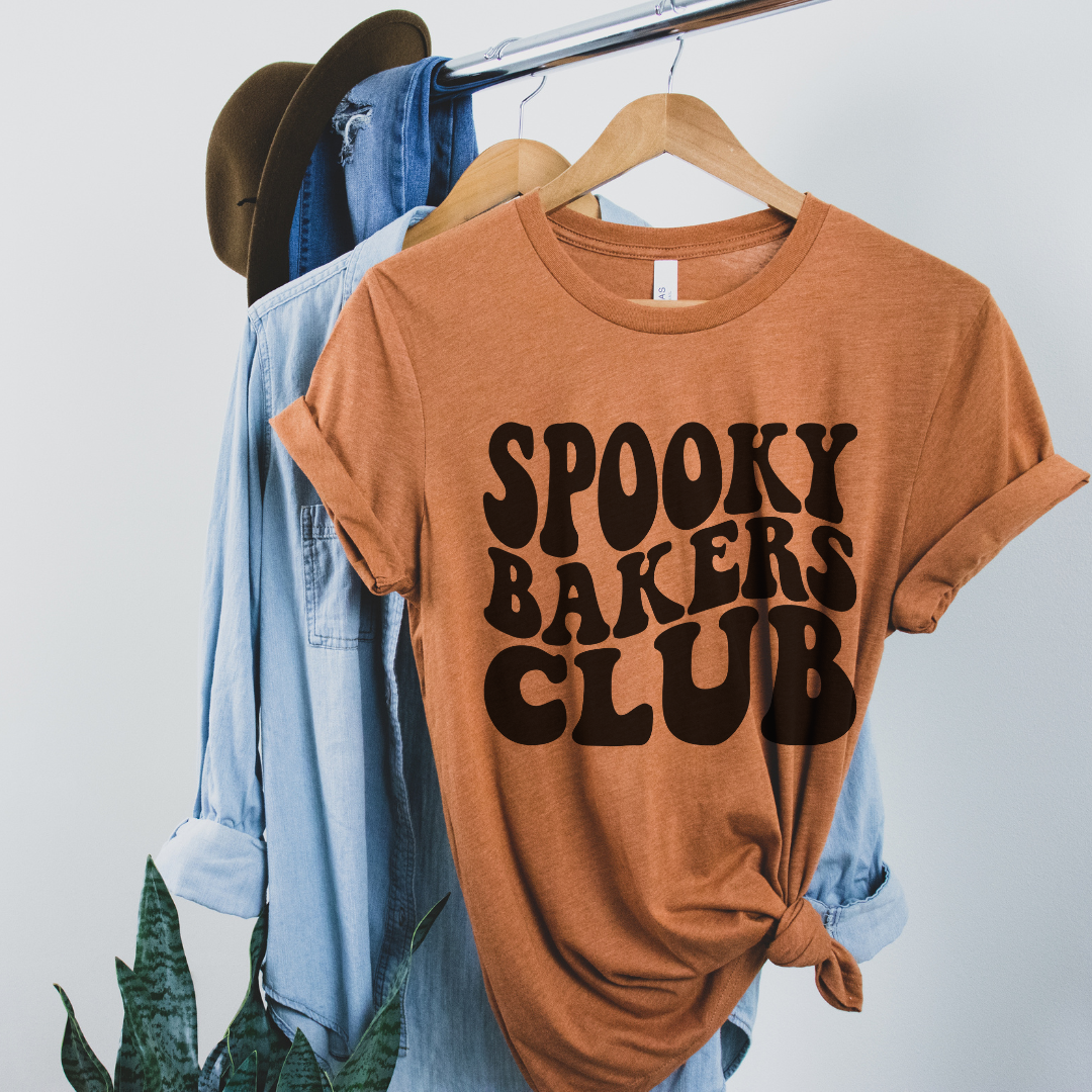 Spooky Bakers Club groovy font tee (multiple colors)